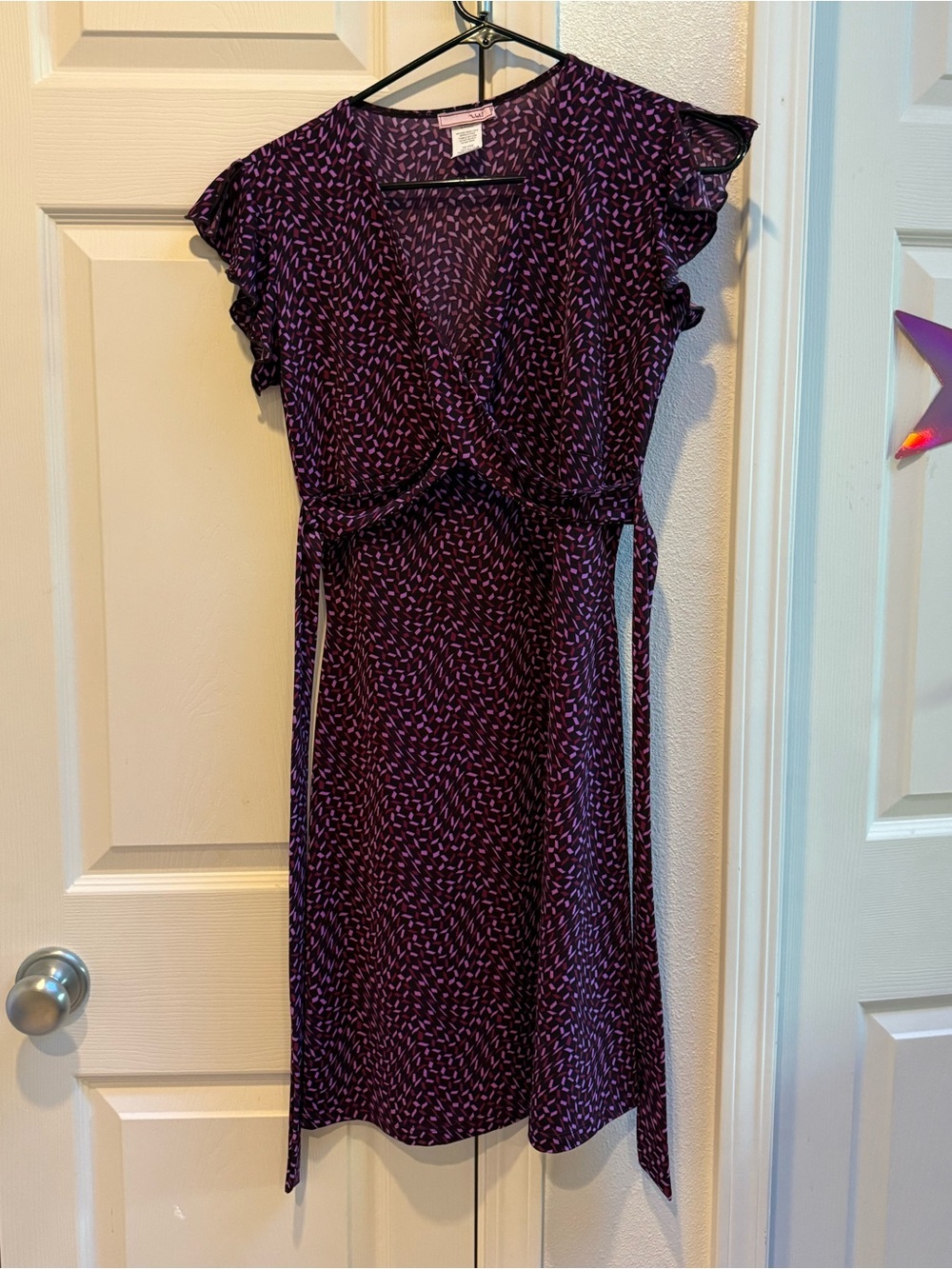 Purple Printed Midi Wrap Dress with Ruffle Sleeves